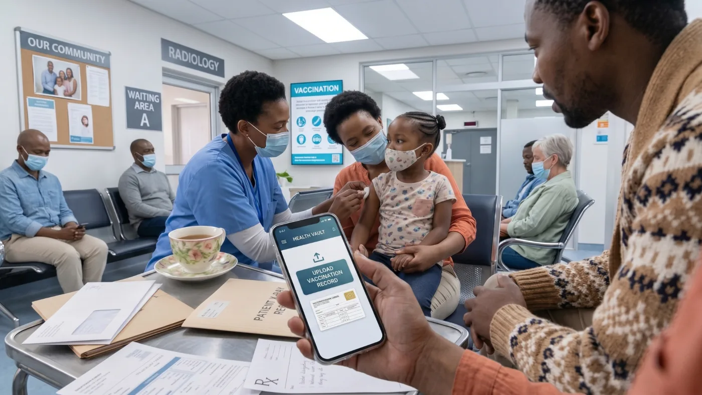 A parent holding a phone at a clinic while a nurse vaccinates a child