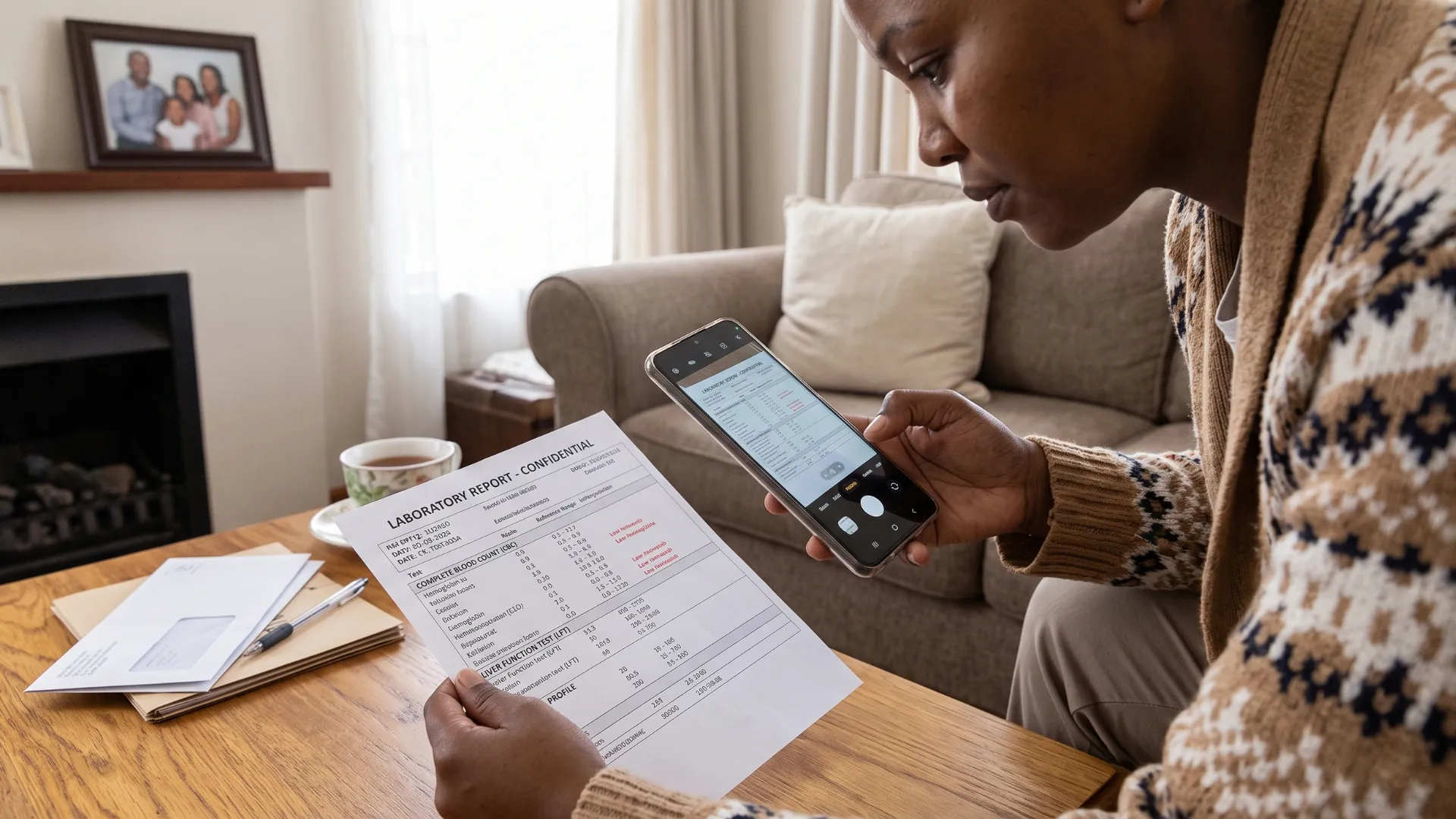 A woman at her dining table photographing a printed laboratory report with her phone