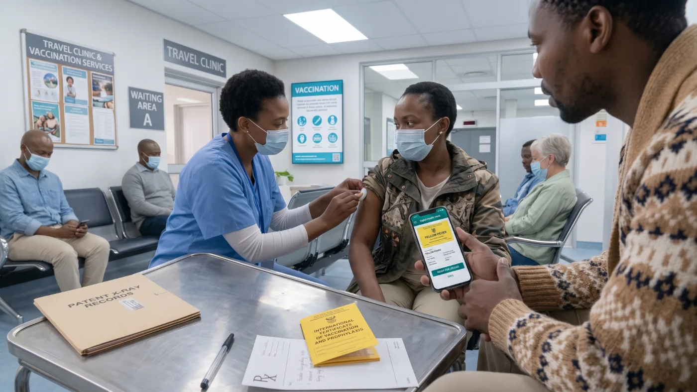 A nurse giving a vaccination at a clinic while a parent holds a phone